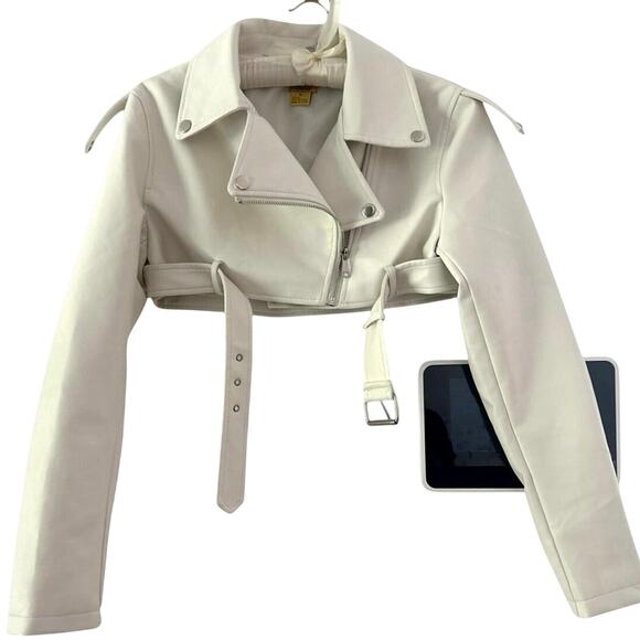 Daisy cropped white biker jacket Sz M New - Picture 2 of 4